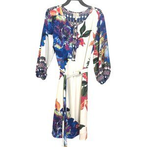 Fig And Flower Boho Womens S Multi-Color Floral 3/4 Ruched Sleeve Size Small